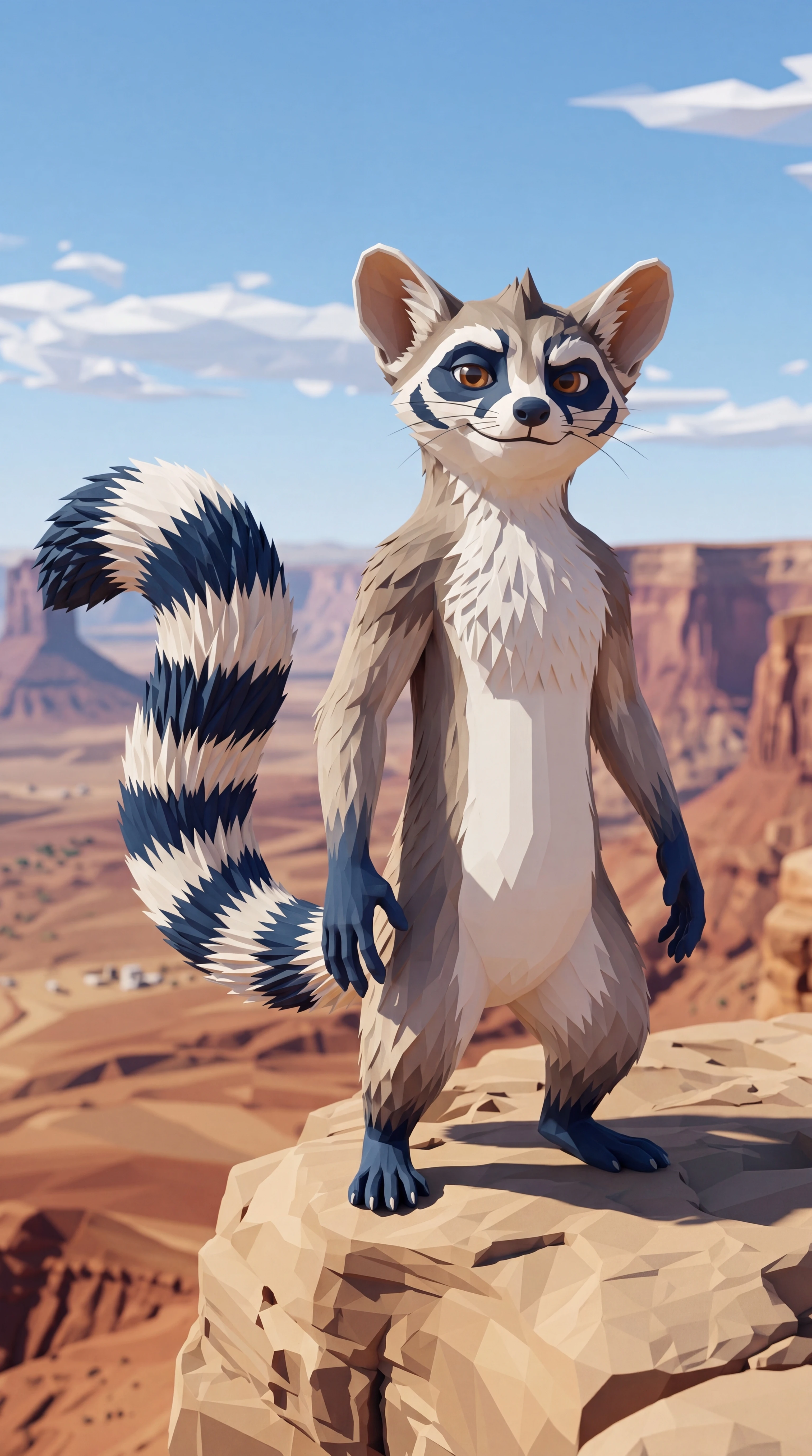 Kai, the Kaizn ringtail, standing on a cliff edge looking out over the valley