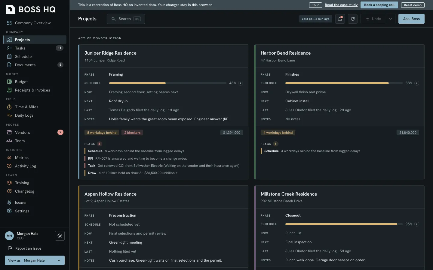 Boss HQ projects board: the top of the board, with active homes shown by phase, schedule status, and what is happening now and next