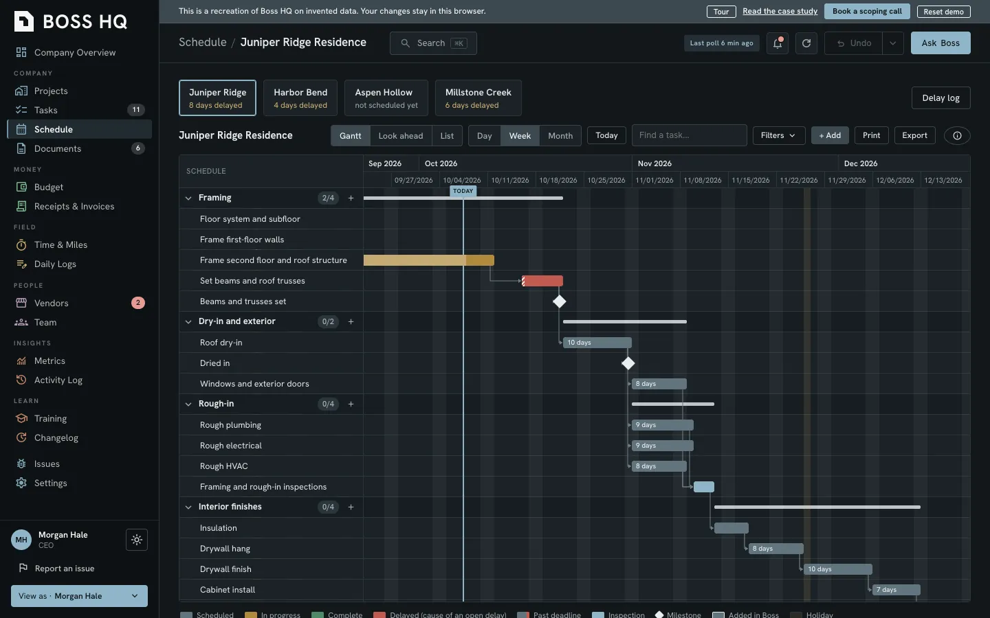 Boss HQ schedule view with a Gantt chart of phases, dependencies, and dates for one job